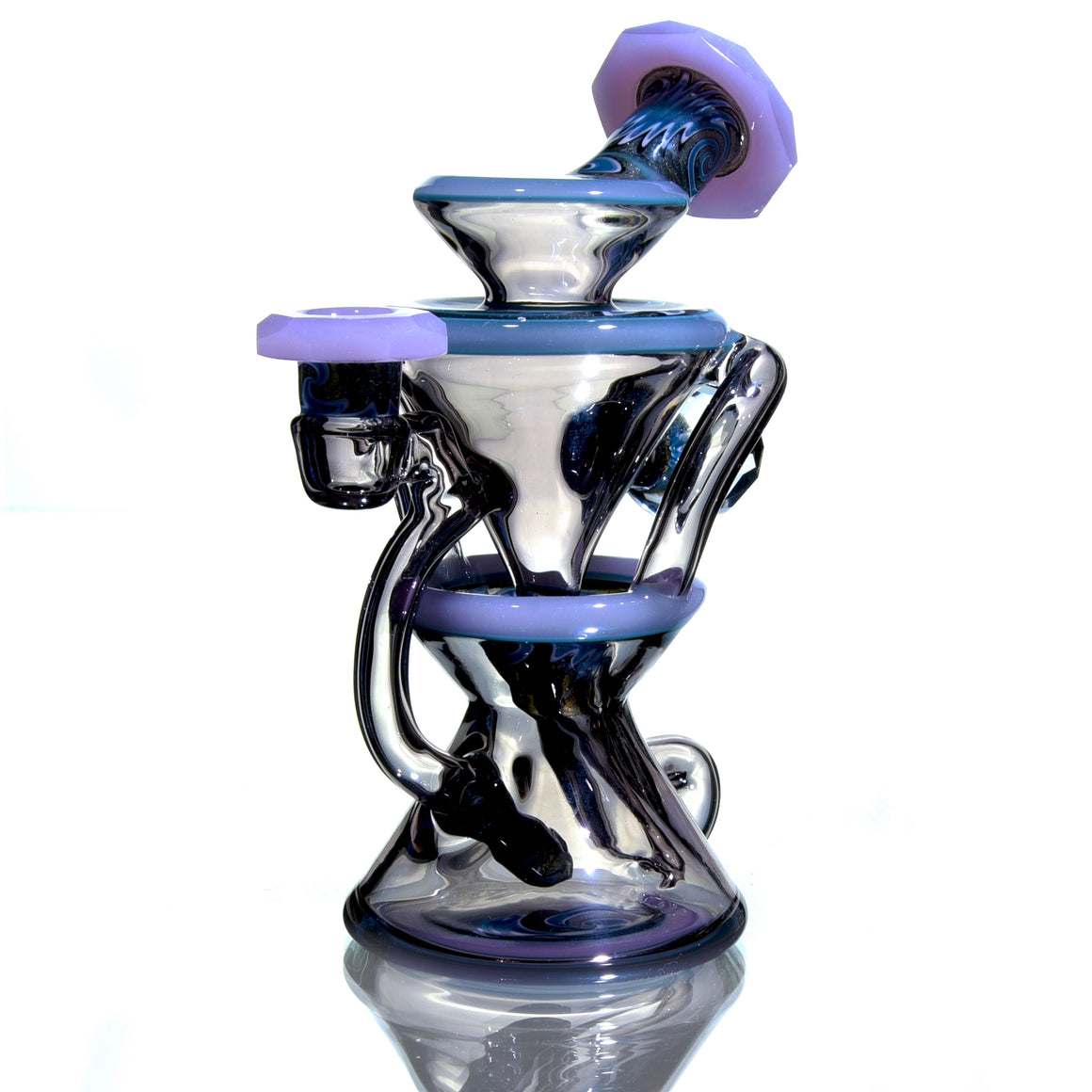 CFL Reactive Faceted Two & Through Double-uptake Floating Recycler w/ matching Cap - Alchemy Blue/Blue Steel Linework - 10mm Female