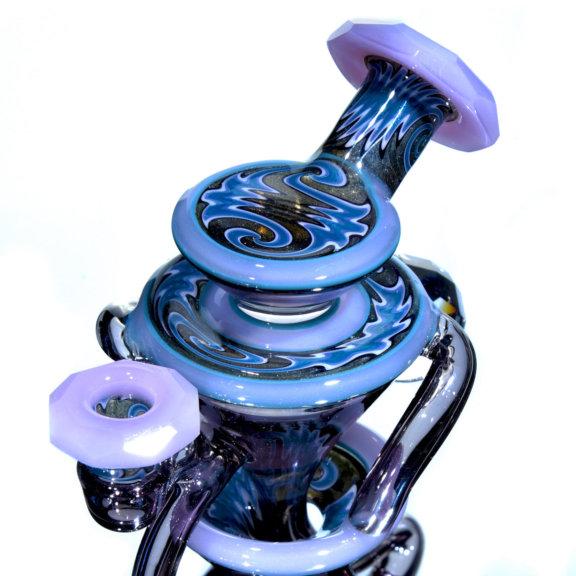 CFL Reactive Faceted Two & Through Double-uptake Floating Recycler w/ matching Cap - Alchemy Blue/Blue Steel Linework - 10mm Female