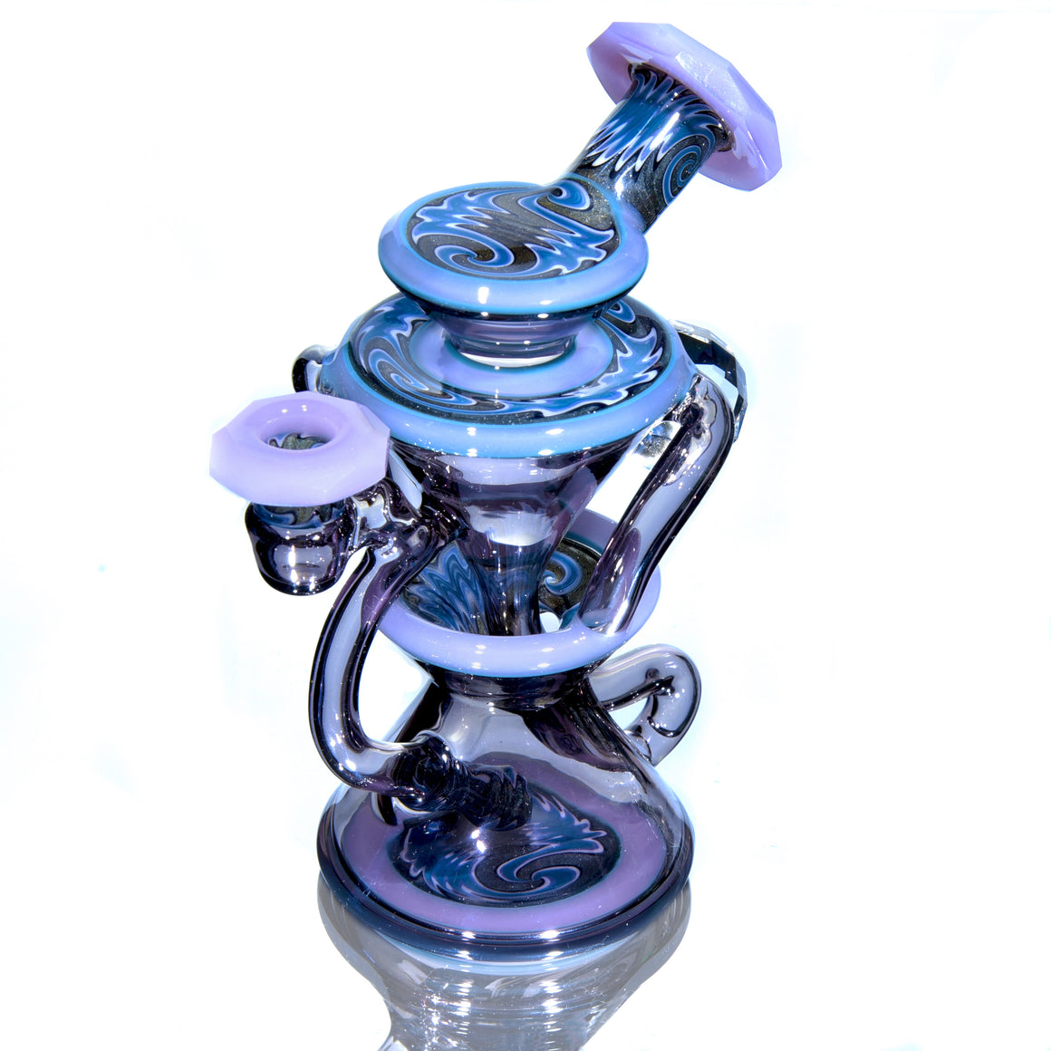 CFL Reactive Faceted Two & Through Double-uptake Floating Recycler w/ matching Cap - Alchemy Blue/Blue Steel Linework - 10mm Female