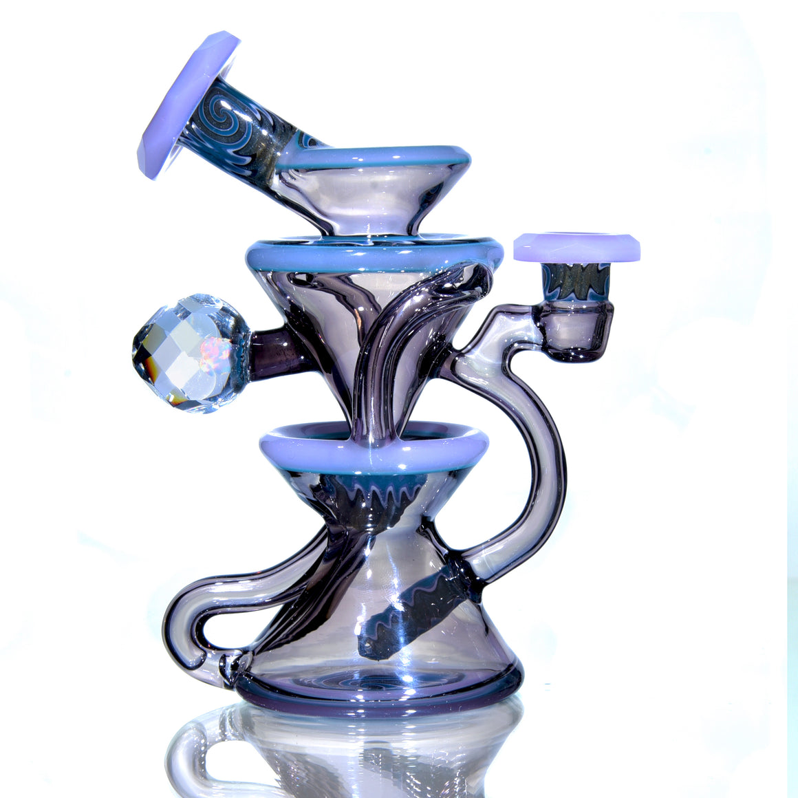 CFL Reactive Faceted Two & Through Double-uptake Floating Recycler w/ matching Cap - Alchemy Blue/Blue Steel Linework - 10mm Female