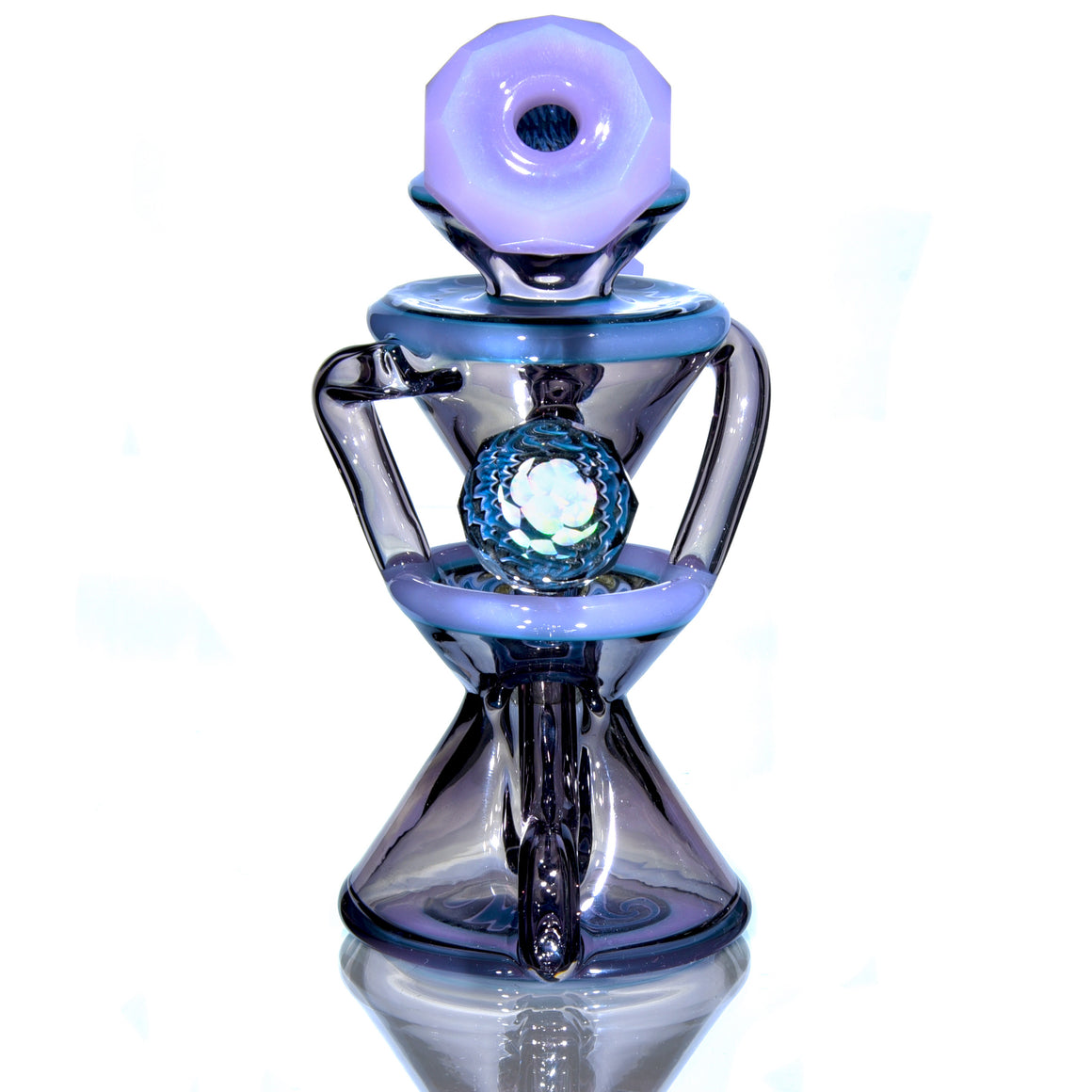 CFL Reactive Faceted Two & Through Double-uptake Floating Recycler w/ matching Cap - Alchemy Blue/Blue Steel Linework - 10mm Female