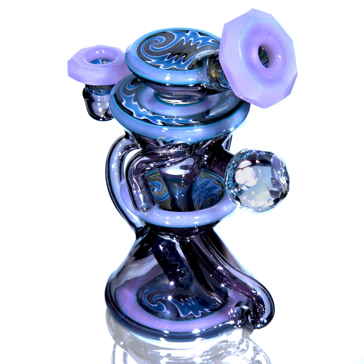CFL Reactive Faceted Two & Through Double-uptake Floating Recycler w/ matching Cap - Alchemy Blue/Blue Steel Linework - 10mm Female
