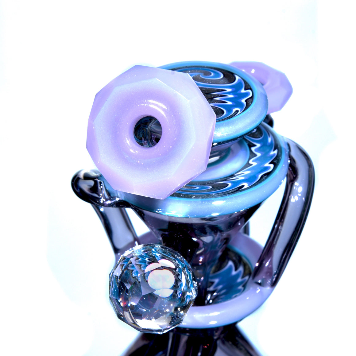 CFL Reactive Faceted Two & Through Double-uptake Floating Recycler w/ matching Cap - Alchemy Blue/Blue Steel Linework - 10mm Female