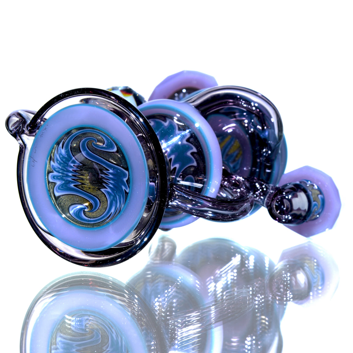 CFL Reactive Faceted Two & Through Double-uptake Floating Recycler w/ matching Cap - Alchemy Blue/Blue Steel Linework - 10mm Female