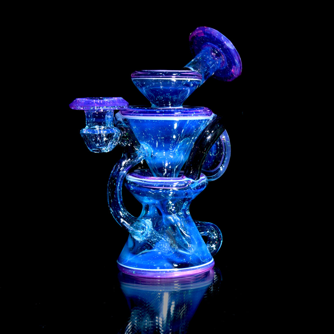 Faceted Two & Through Double-uptake Floating Recycler - Full Meta-Terrania, Royal Jelly, & Dark Amethyst Crushed Opal - 10mm Female