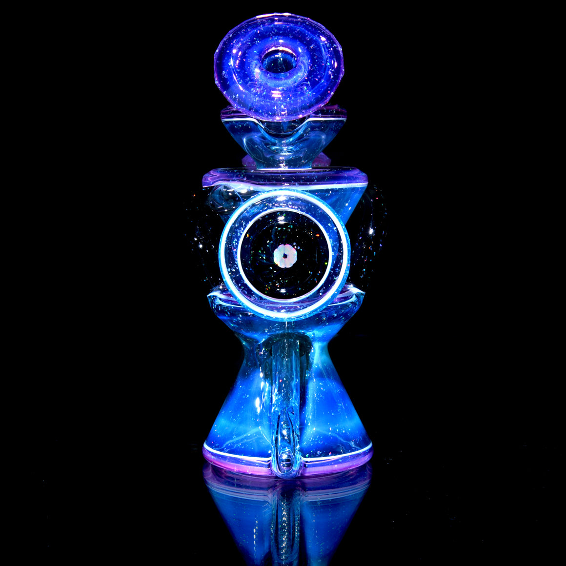 Faceted Two & Through Double-uptake Floating Recycler - Full Meta-Terrania, Royal Jelly, & Dark Amethyst Crushed Opal - 10mm Female