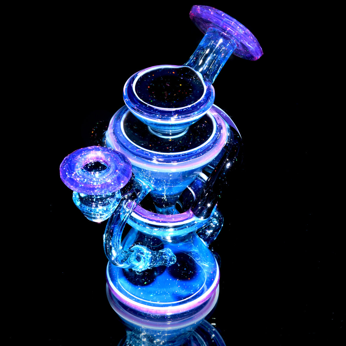 Faceted Two & Through Double-uptake Floating Recycler - Full Meta-Terrania, Royal Jelly, & Dark Amethyst Crushed Opal - 10mm Female
