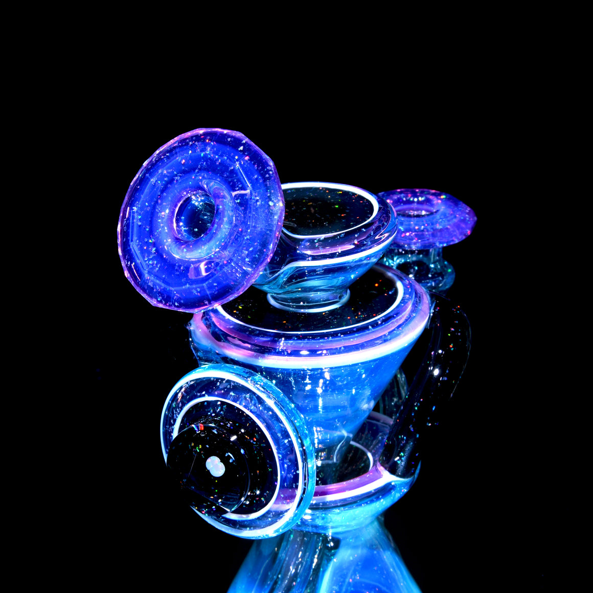 Faceted Two & Through Double-uptake Floating Recycler - Full Meta-Terrania, Royal Jelly, & Dark Amethyst Crushed Opal - 10mm Female