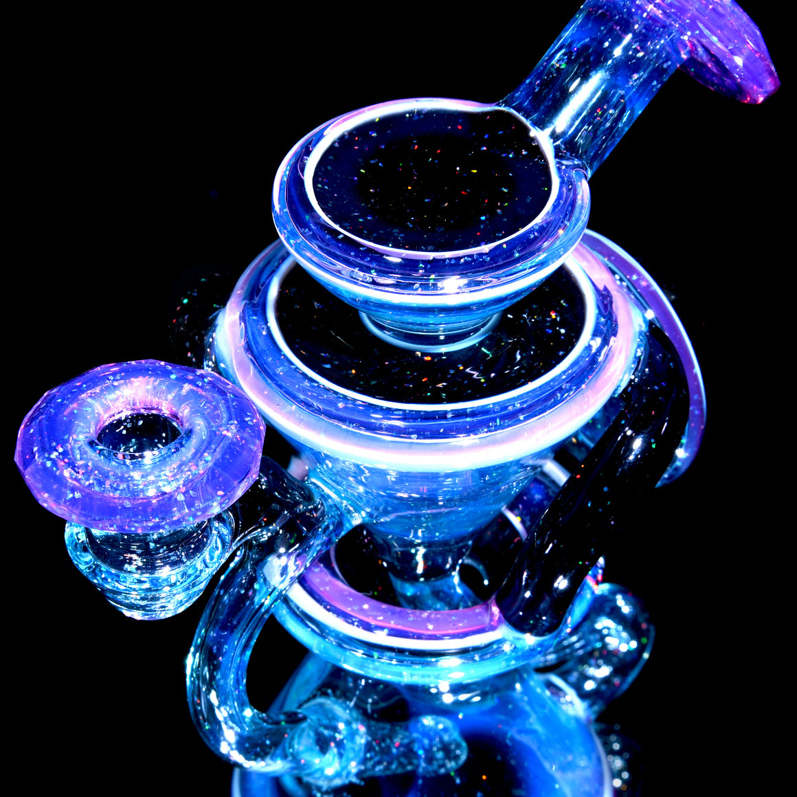 Faceted Two & Through Double-uptake Floating Recycler - Full Meta-Terrania, Royal Jelly, & Dark Amethyst Crushed Opal - 10mm Female