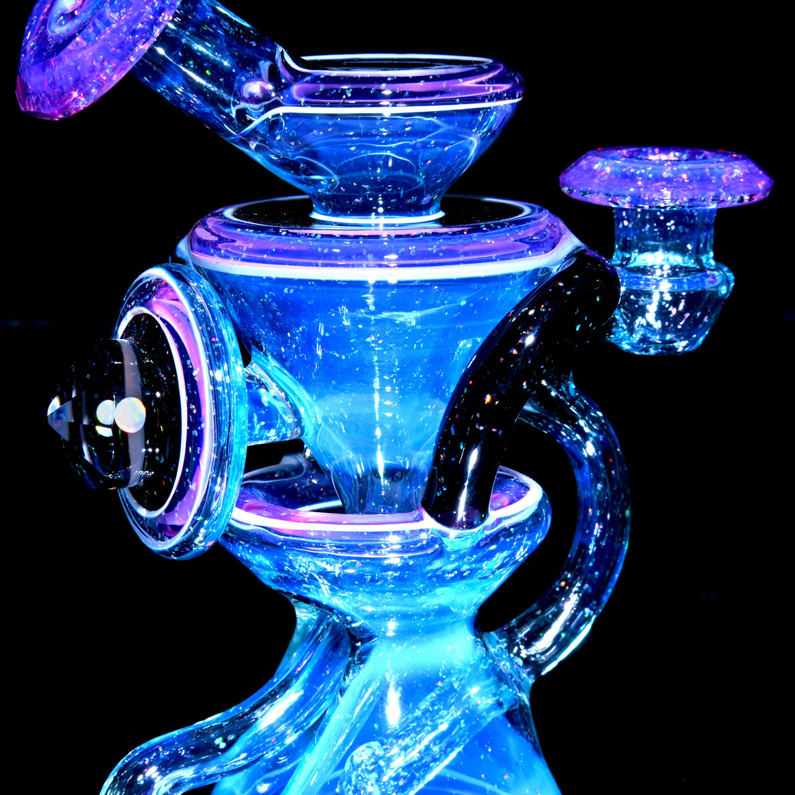 Faceted Two & Through Double-uptake Floating Recycler - Full Meta-Terrania, Royal Jelly, & Dark Amethyst Crushed Opal - 10mm Female