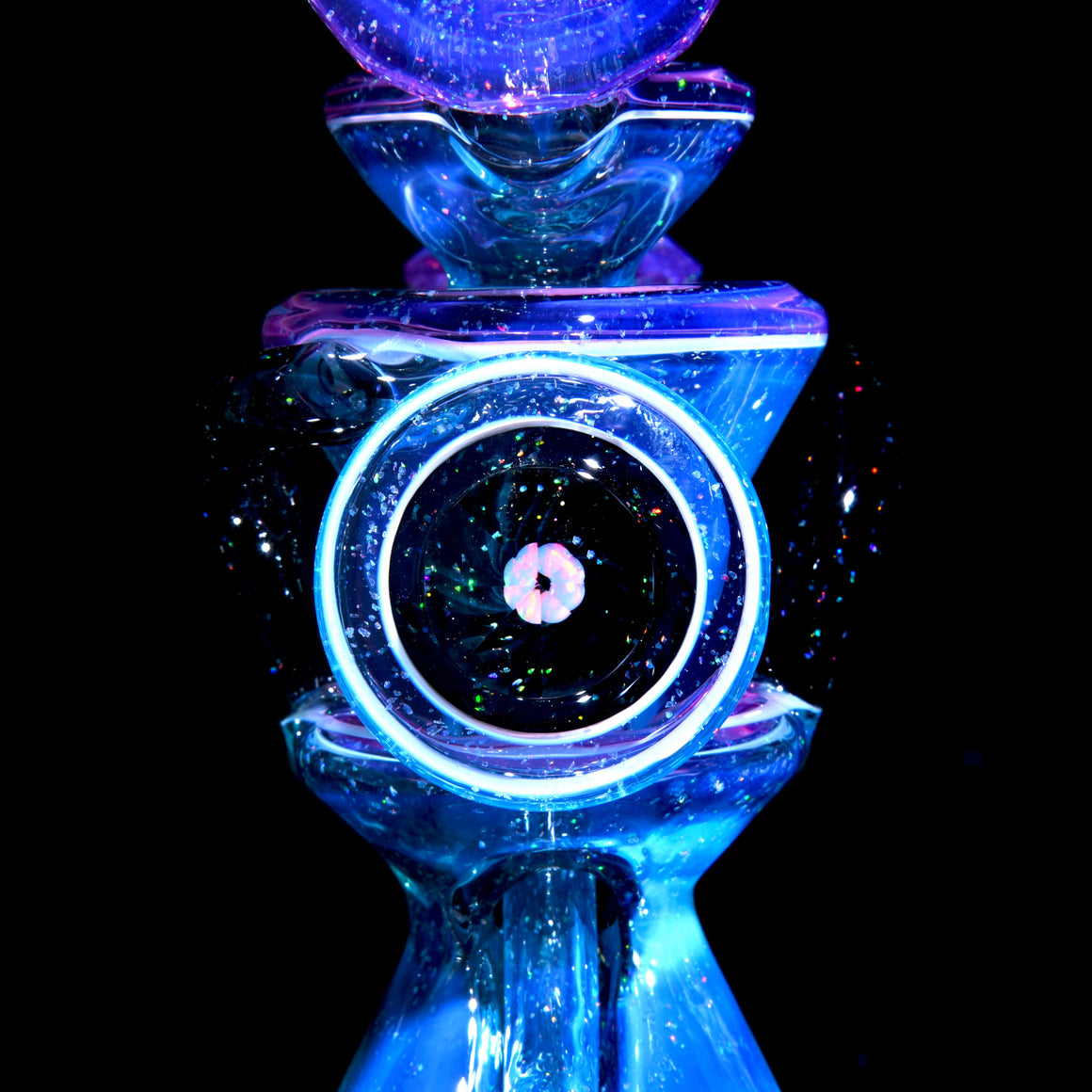 Faceted Two & Through Double-uptake Floating Recycler - Full Meta-Terrania, Royal Jelly, & Dark Amethyst Crushed Opal - 10mm Female