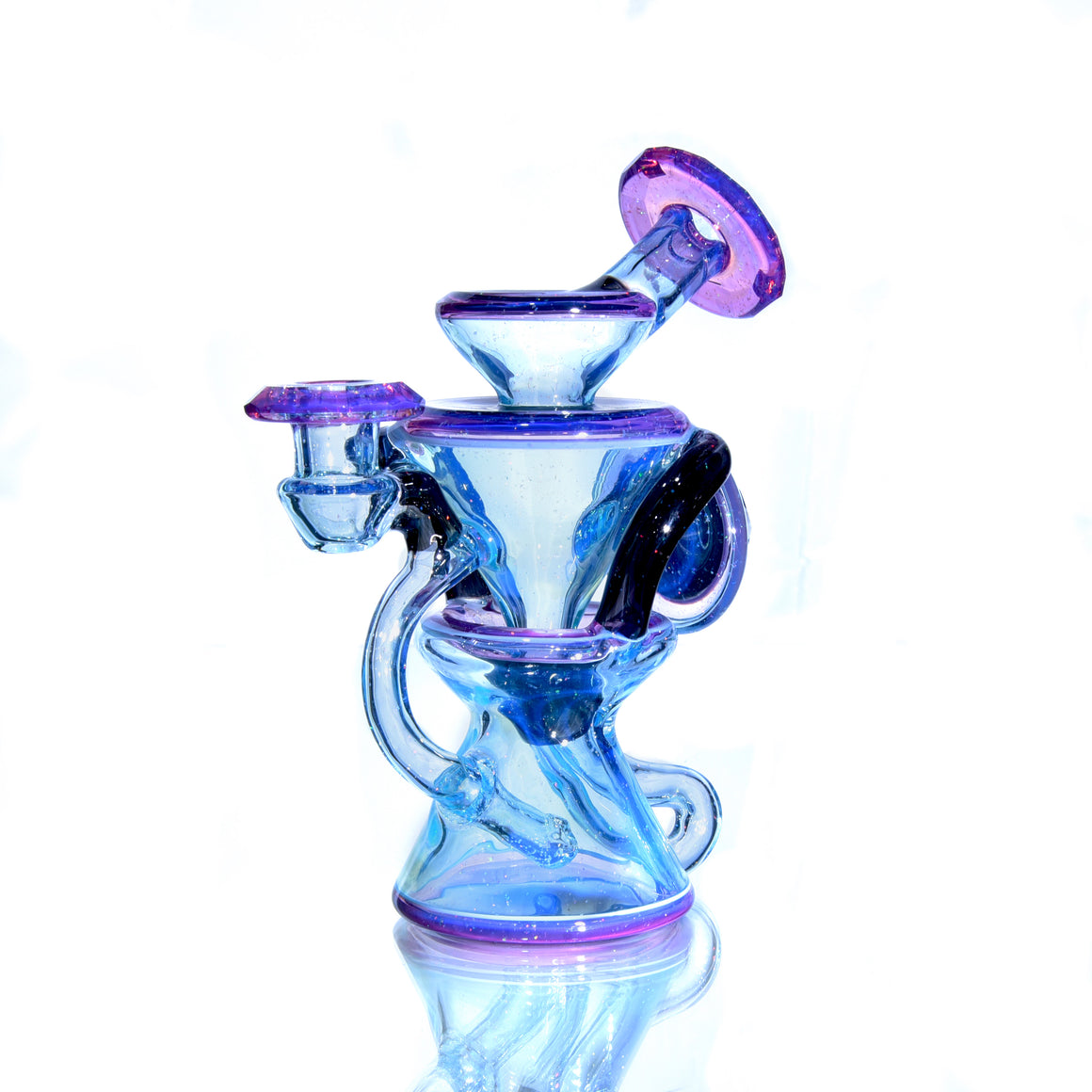 Faceted Two & Through Double-uptake Floating Recycler - Full Meta-Terrania, Royal Jelly, & Dark Amethyst Crushed Opal - 10mm Female