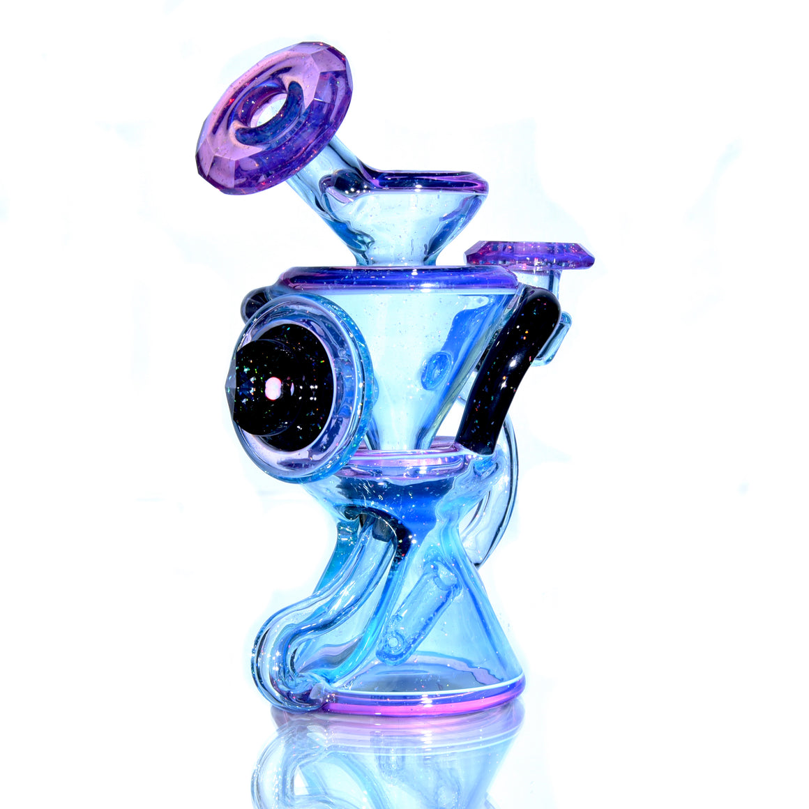 Faceted Two & Through Double-uptake Floating Recycler - Full Meta-Terrania, Royal Jelly, & Dark Amethyst Crushed Opal - 10mm Female