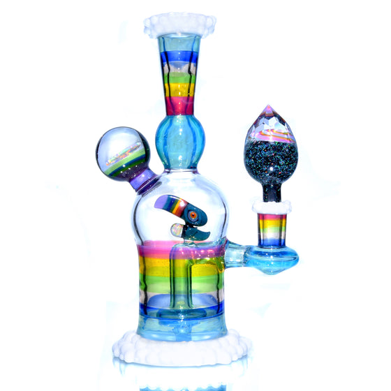 Rainbow & Clouds Meta-Terrania Banger Hanger w/ Sculpted Toucan and Faceted Crushed Opal Cap - 10mm Female