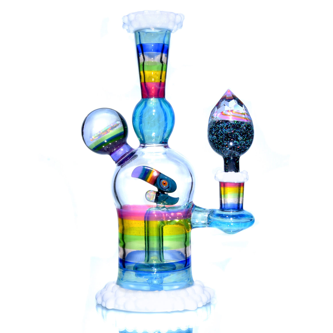 Rainbow & Clouds Meta-Terrania Banger Hanger w/ Sculpted Toucan and Faceted Crushed Opal Cap - 10mm Female
