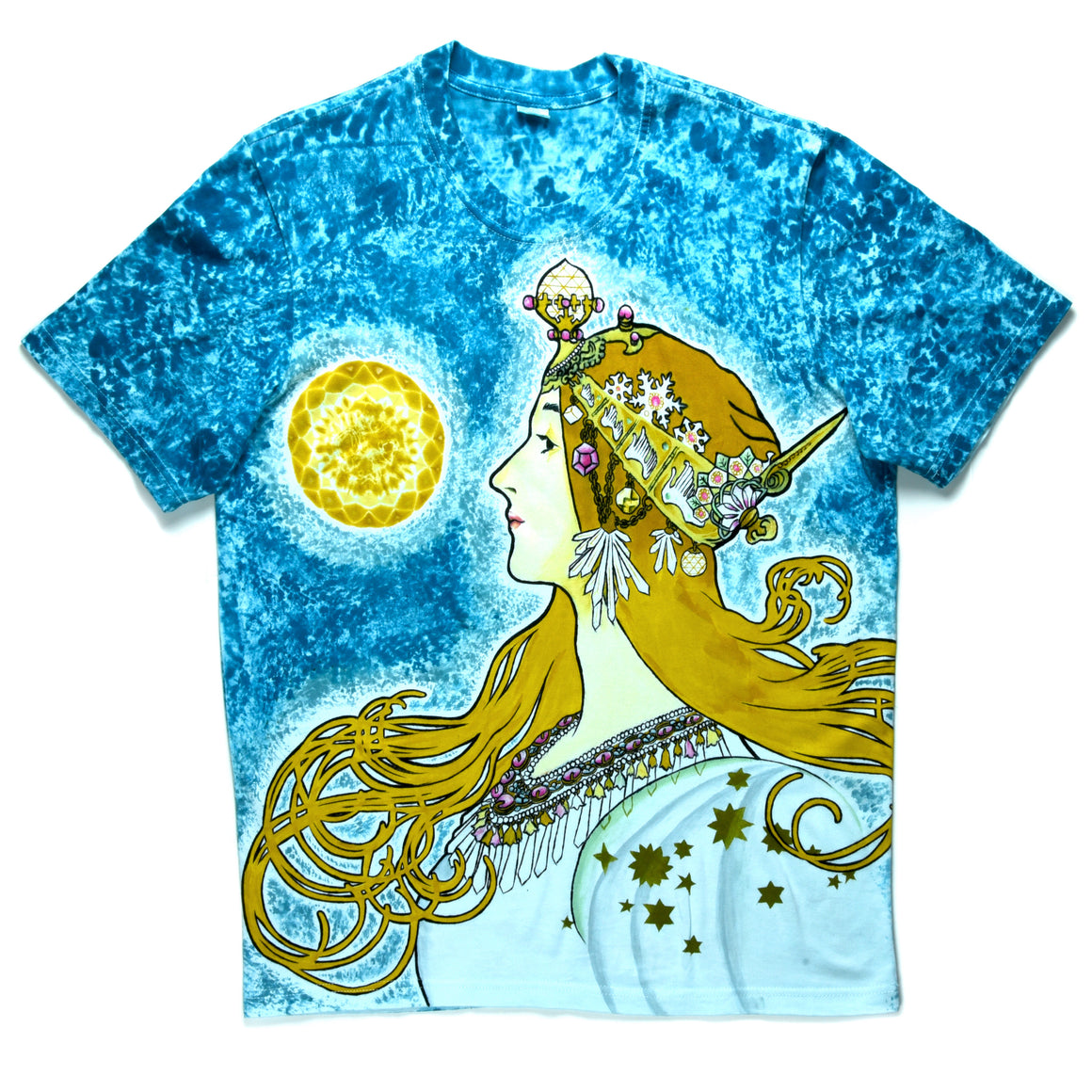 Large - Hand & Tie-dyed T-Shirt - "Zodiac" by Alphonse Mucha