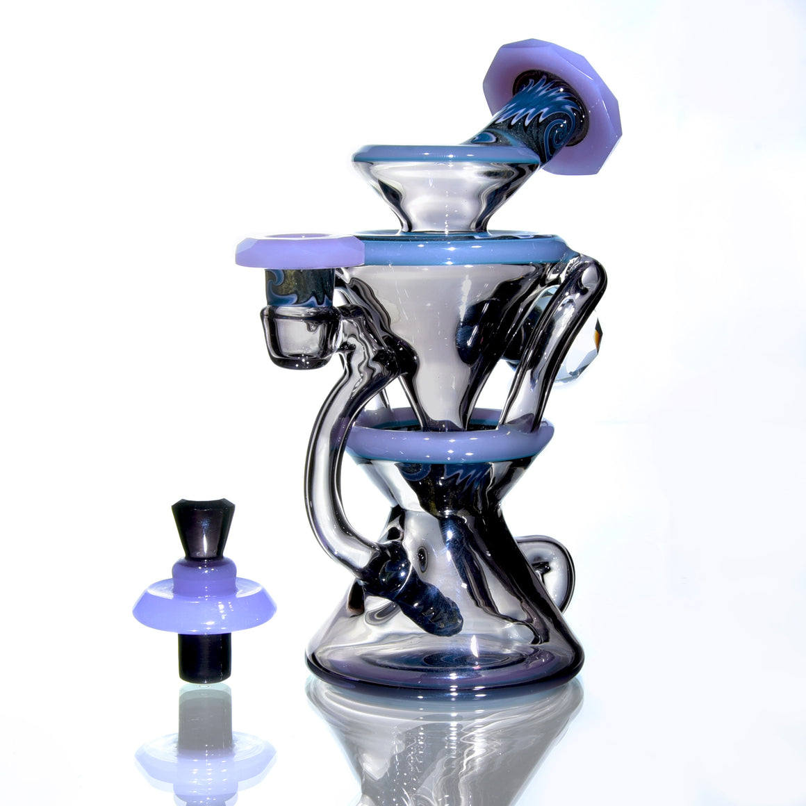 CFL Reactive Faceted Two & Through Double-uptake Floating Recycler w/ matching Cap - Alchemy Blue/Blue Steel Linework - 10mm Female