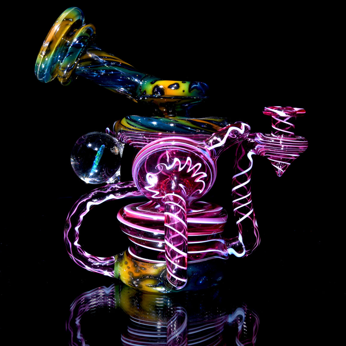 Crushed Opal Fume/Gold Ruby over Gold Amethyst & Lotus White Swirl Double Disk Triple Drain Recycler - 10mm Female