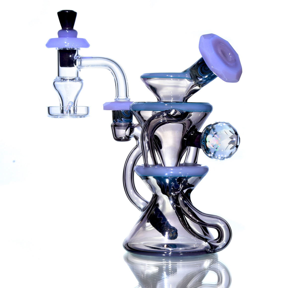 CFL Reactive Faceted Two & Through Double-uptake Floating Recycler w/ matching Cap - Alchemy Blue/Blue Steel Linework - 10mm Female