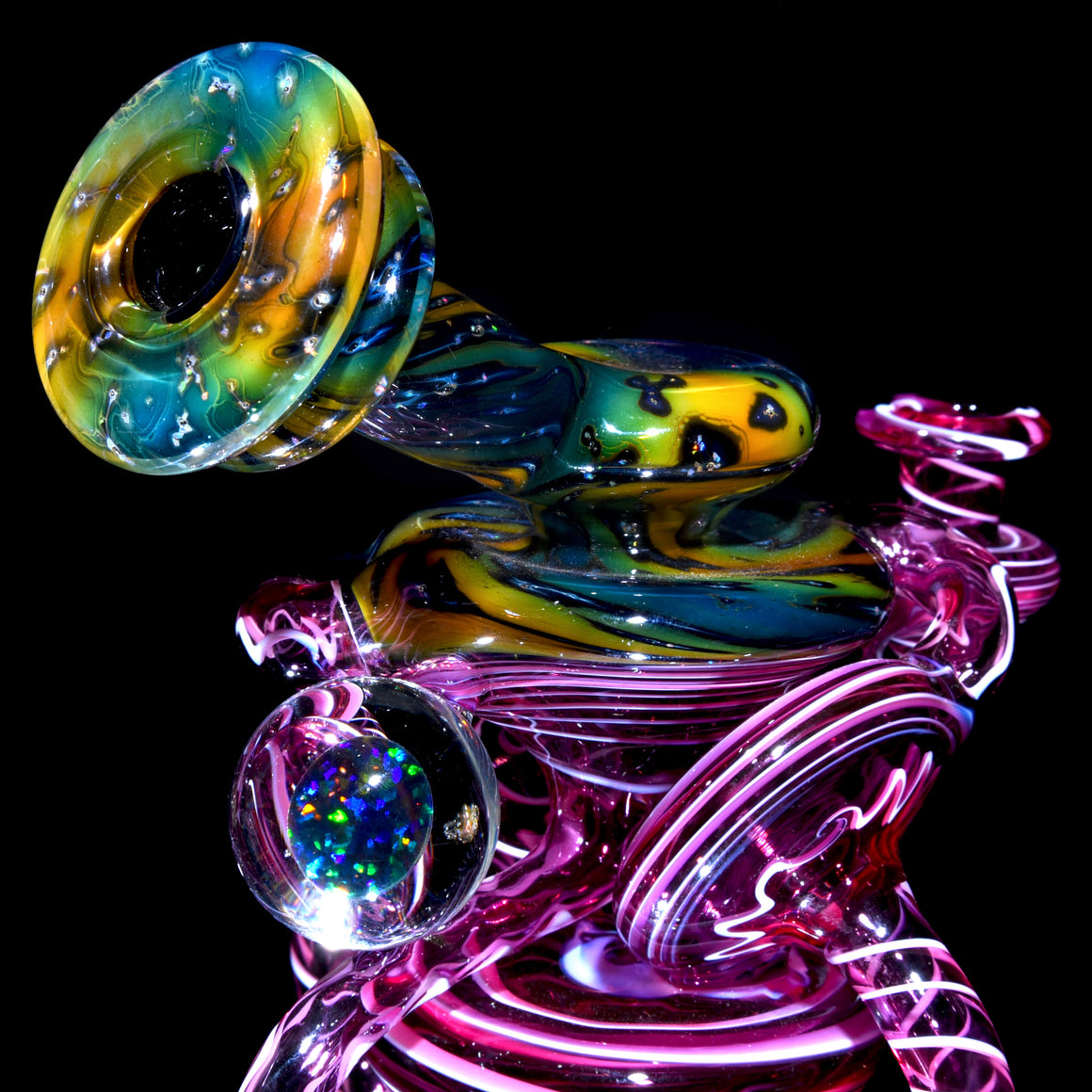 Crushed Opal Fume/Gold Ruby over Gold Amethyst & Lotus White Swirl Double Disk Triple Drain Recycler - 10mm Female