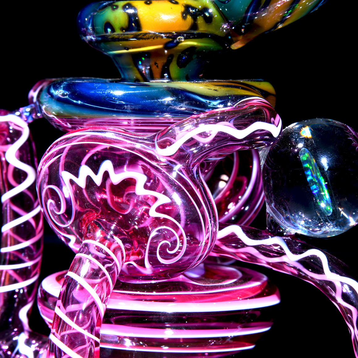 Crushed Opal Fume/Gold Ruby over Gold Amethyst & Lotus White Swirl Double Disk Triple Drain Recycler - 10mm Female