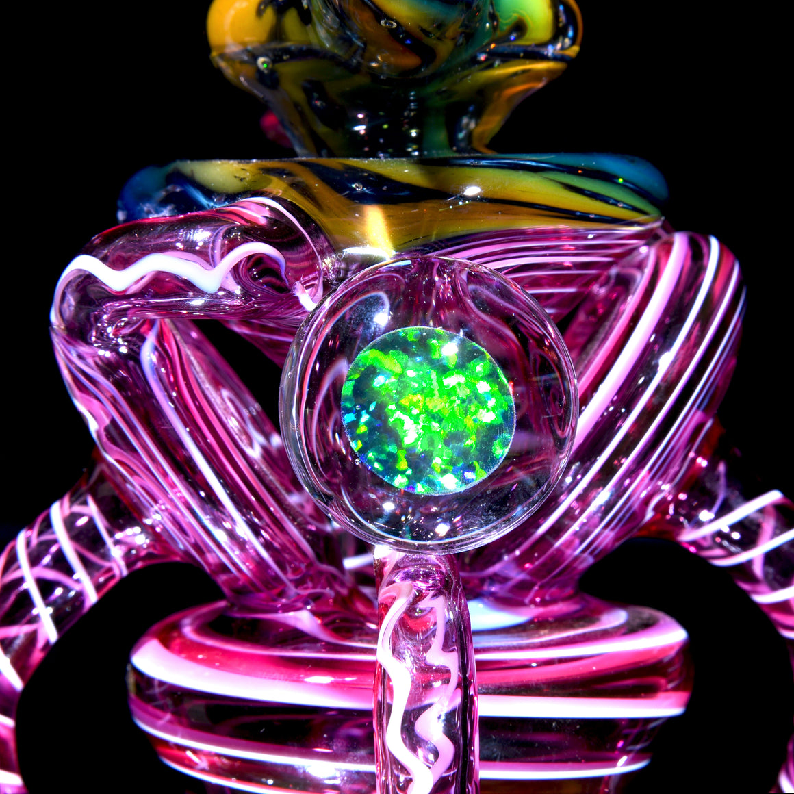 Crushed Opal Fume/Gold Ruby over Gold Amethyst & Lotus White Swirl Double Disk Triple Drain Recycler - 10mm Female