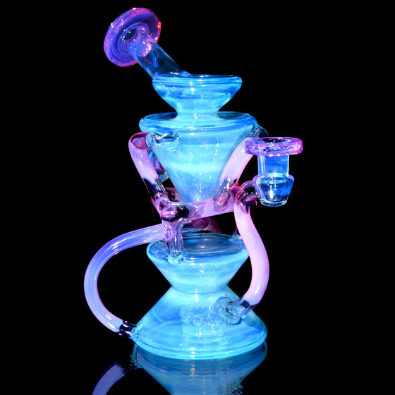 Full-size Faceted Tetrahedron Ladder Triple Double Floating Recycler - Meta over Moonstone/Karmaline - 10mm Female