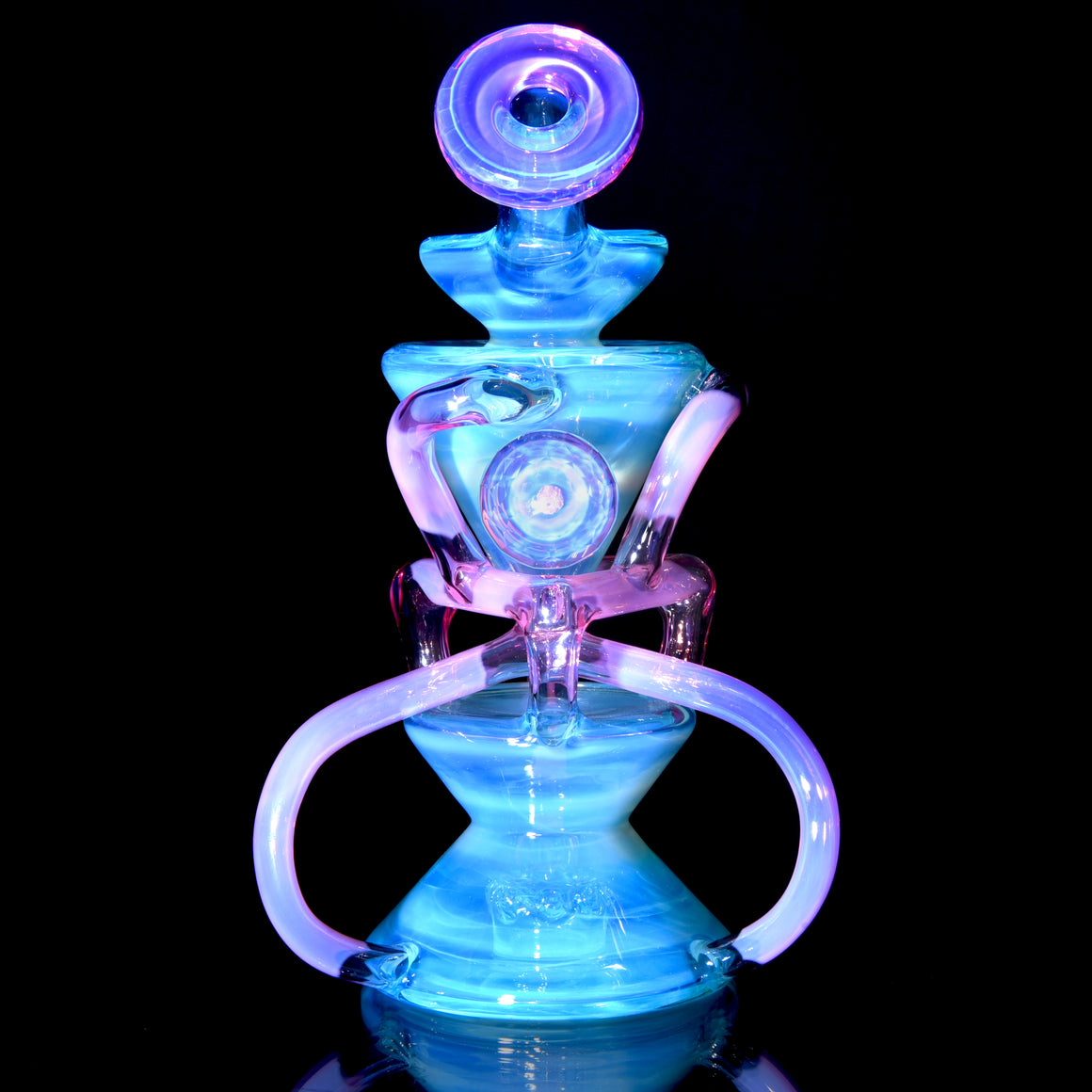 Full-size Faceted Tetrahedron Ladder Triple Double Floating Recycler - Meta over Moonstone/Karmaline - 10mm Female