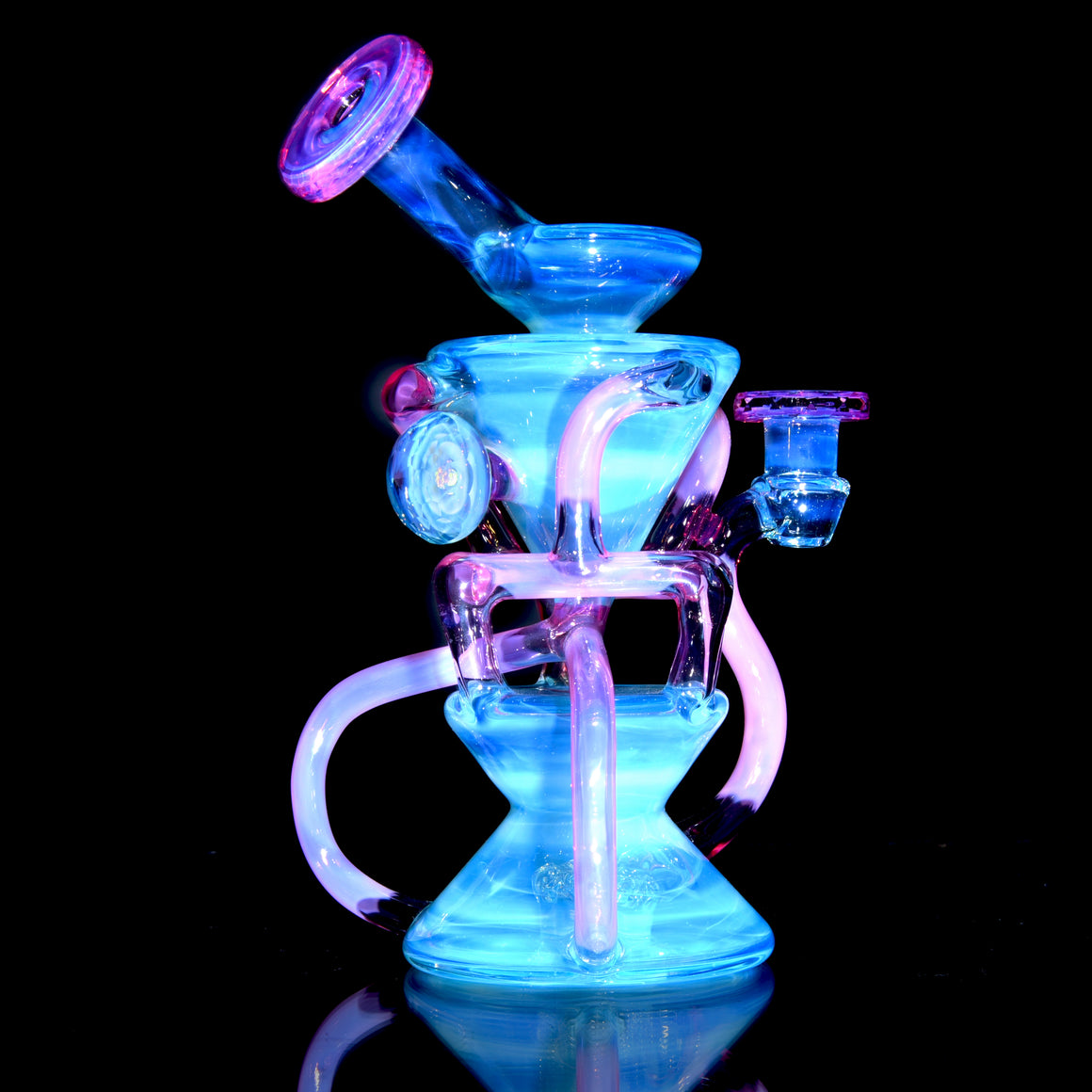 Full-size Faceted Tetrahedron Ladder Triple Double Floating Recycler - Meta over Moonstone/Karmaline - 10mm Female