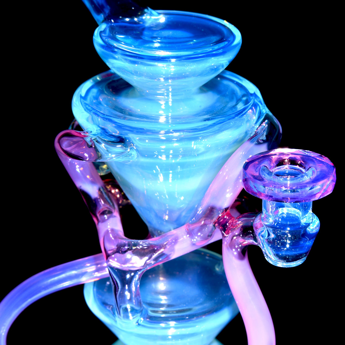 Full-size Faceted Tetrahedron Ladder Triple Double Floating Recycler - Meta over Moonstone/Karmaline - 10mm Female
