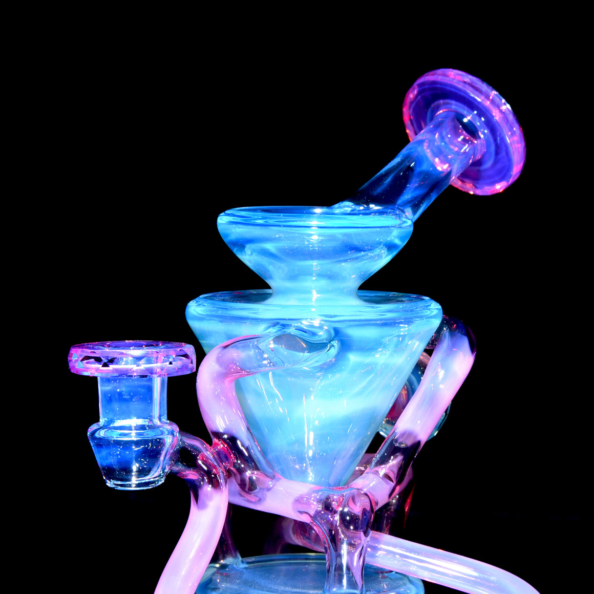Full-size Faceted Tetrahedron Ladder Triple Double Floating Recycler - Meta over Moonstone/Karmaline - 10mm Female