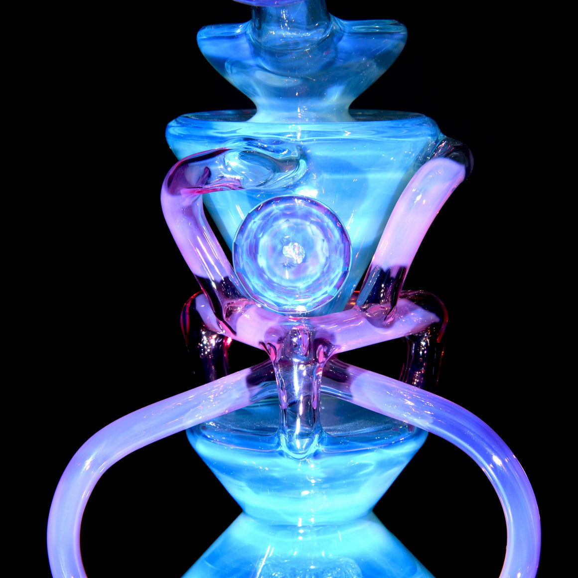 Full-size Faceted Tetrahedron Ladder Triple Double Floating Recycler - Meta over Moonstone/Karmaline - 10mm Female