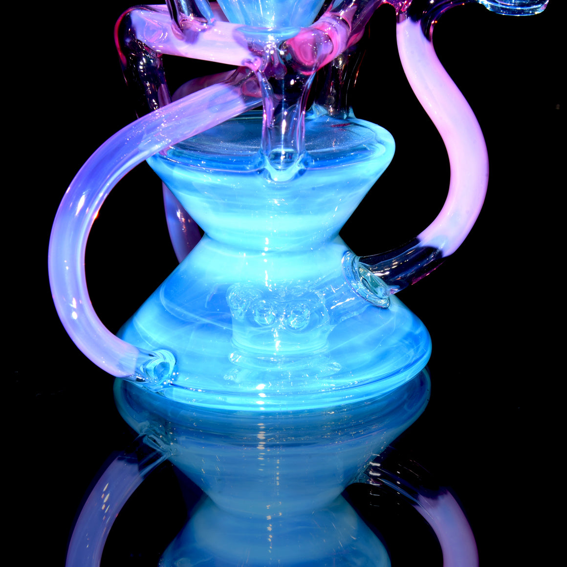 Full-size Faceted Tetrahedron Ladder Triple Double Floating Recycler - Meta over Moonstone/Karmaline - 10mm Female
