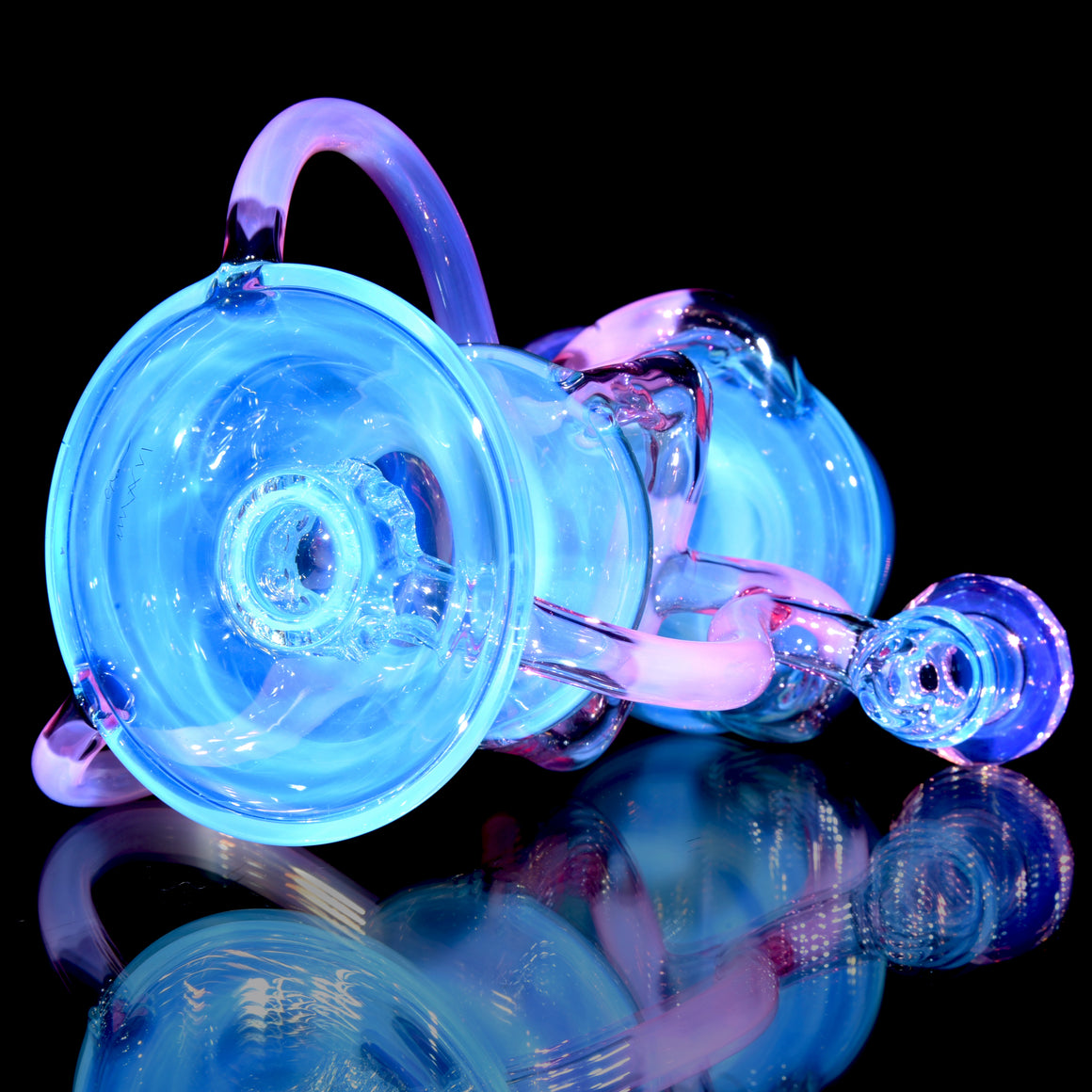 Full-size Faceted Tetrahedron Ladder Triple Double Floating Recycler - Meta over Moonstone/Karmaline - 10mm Female
