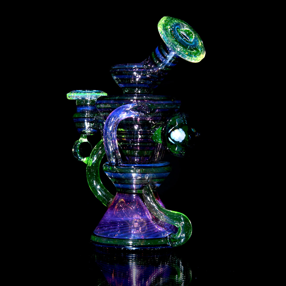 UV Reactive Faceted Two & Through Double-uptake Floating Recycler - Full Crushed Opal Ion/Royal Jelly Lippies - 10mm Female