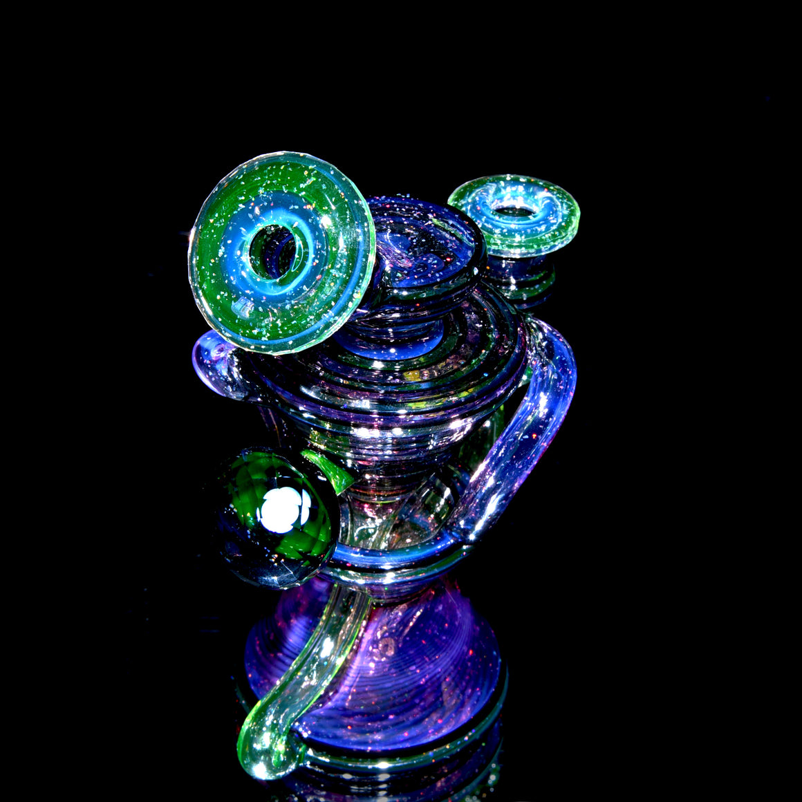 UV Reactive Faceted Two & Through Double-uptake Floating Recycler - Full Crushed Opal Ion/Royal Jelly Lippies - 10mm Female