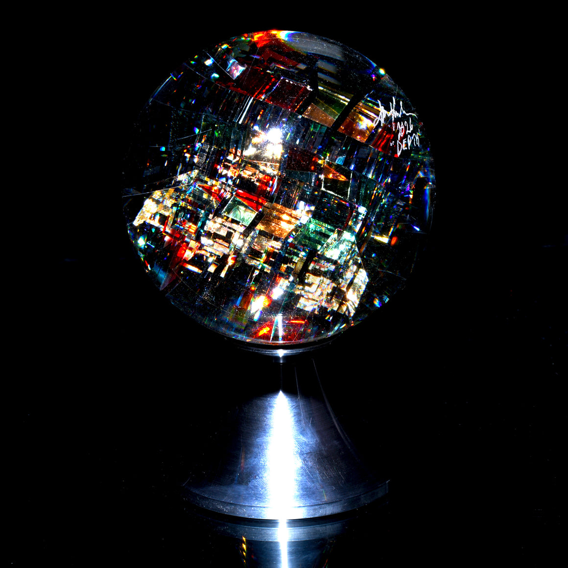 "Depth" Coldworked & Laminated Kinetic Glass Orb w/ Detachable Metal Stand
