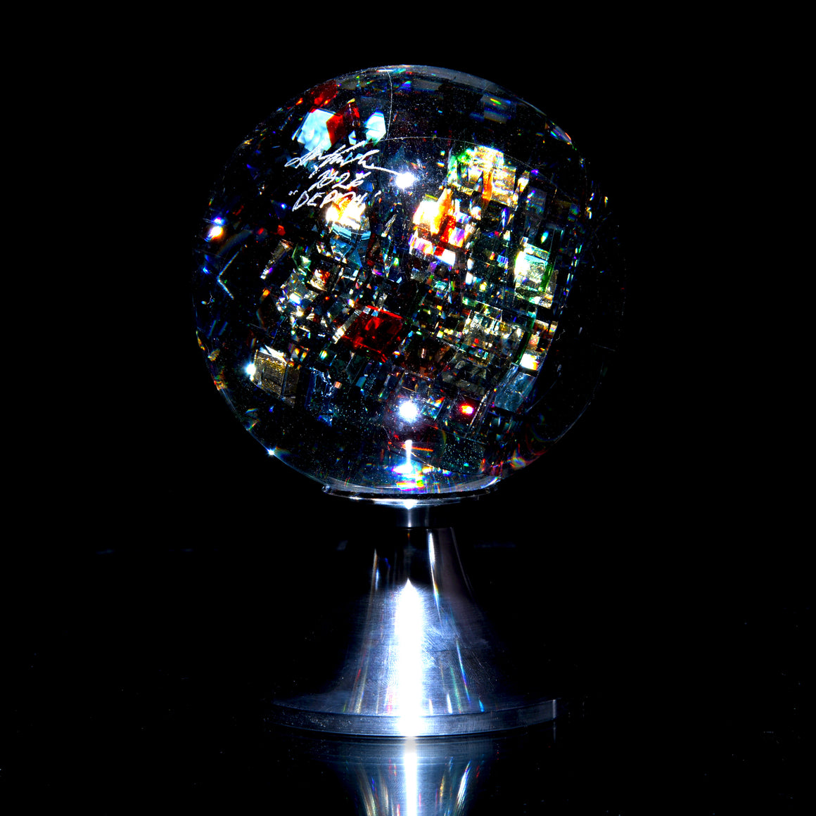 "Depth" Coldworked & Laminated Kinetic Glass Orb w/ Detachable Metal Stand