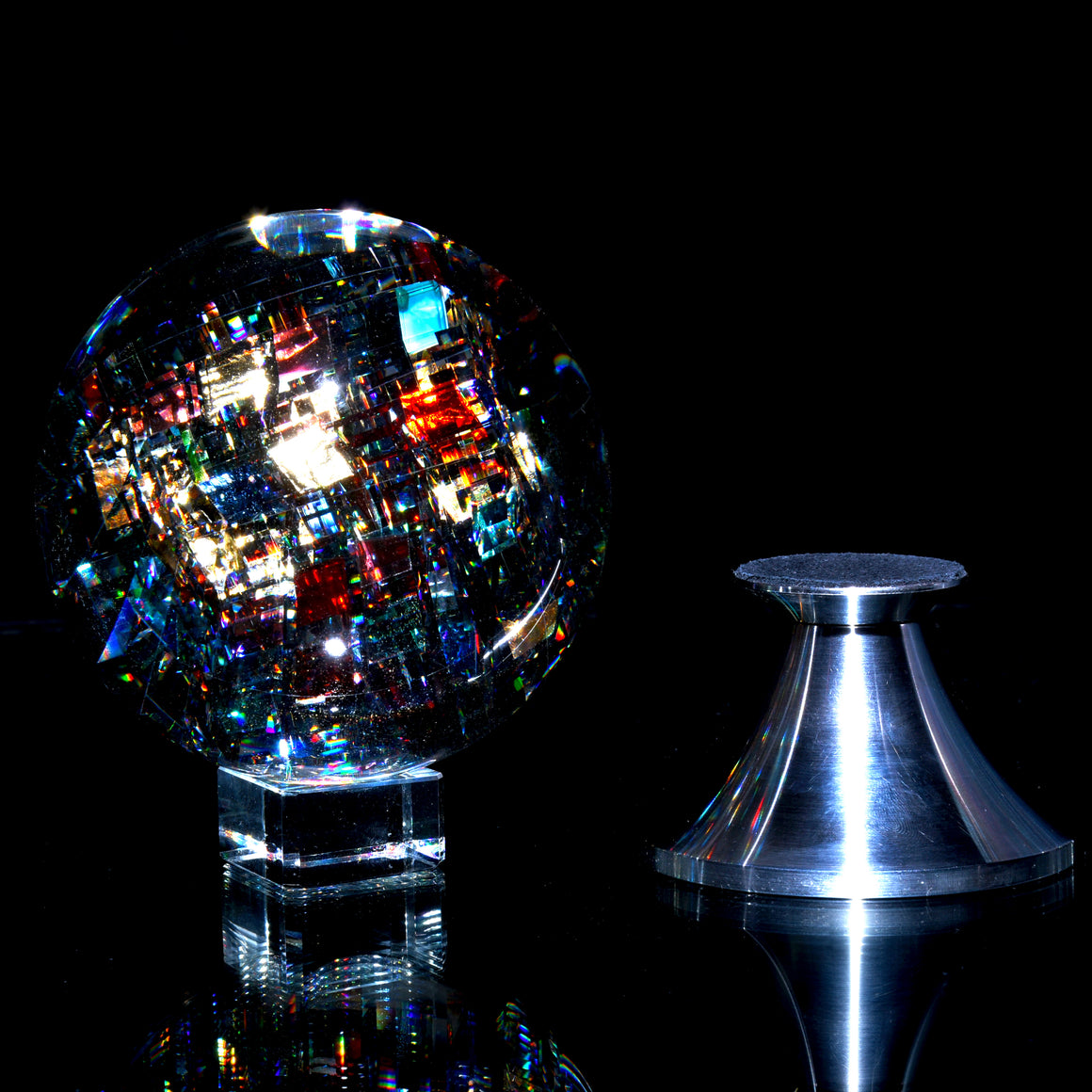 "Depth" Coldworked & Laminated Kinetic Glass Orb w/ Detachable Metal Stand