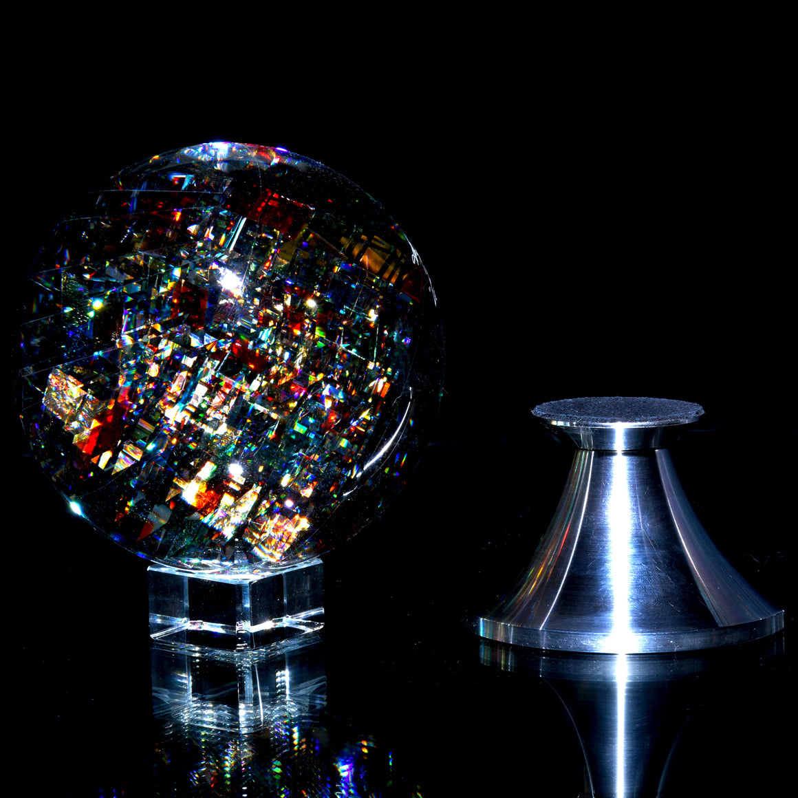 "Depth" Coldworked & Laminated Kinetic Glass Orb w/ Detachable Metal Stand