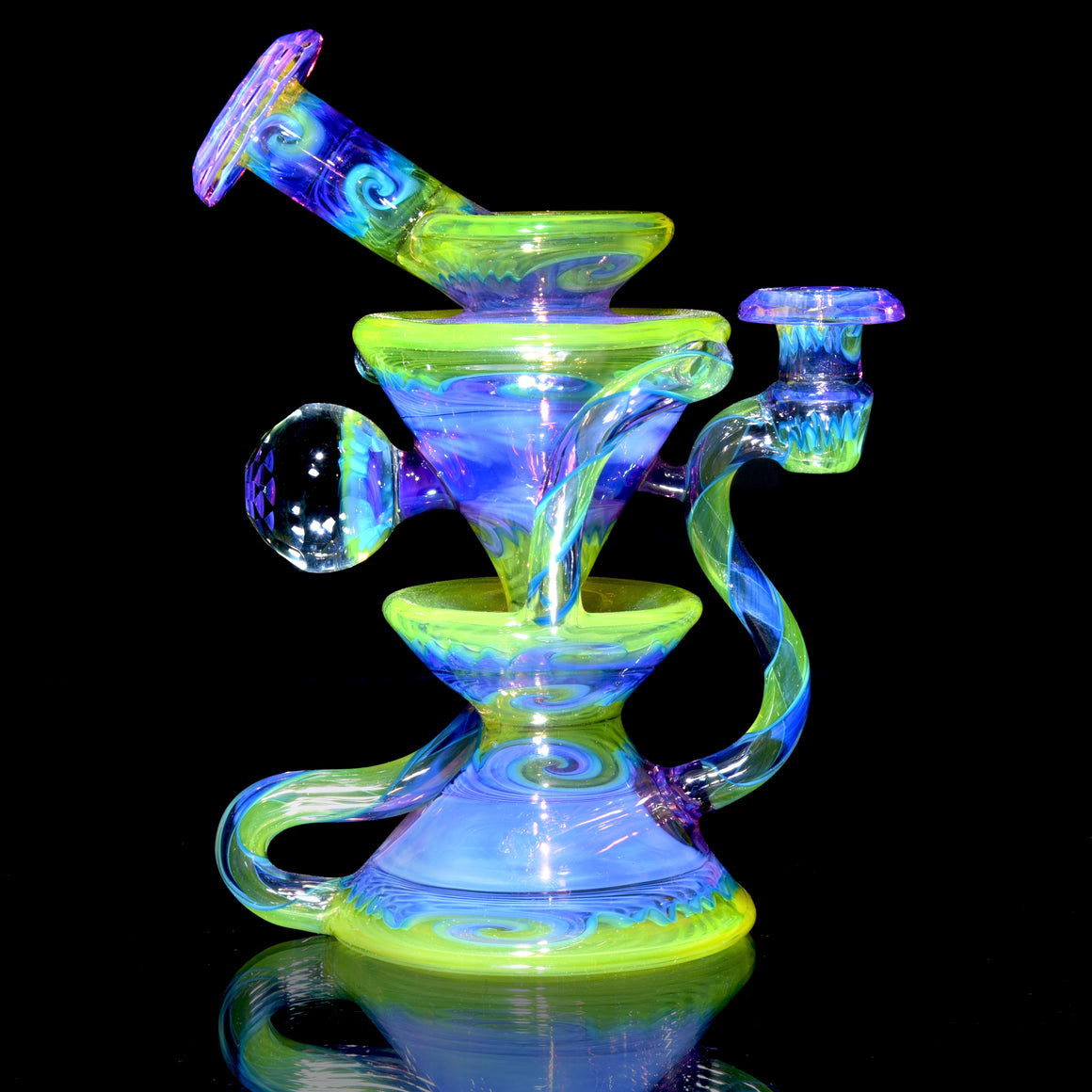 Fully-worked Faceted Two & Through Double-uptake Floating Recycler - Full Royal Jelly/Lemon Drop Linework - 10mm Female