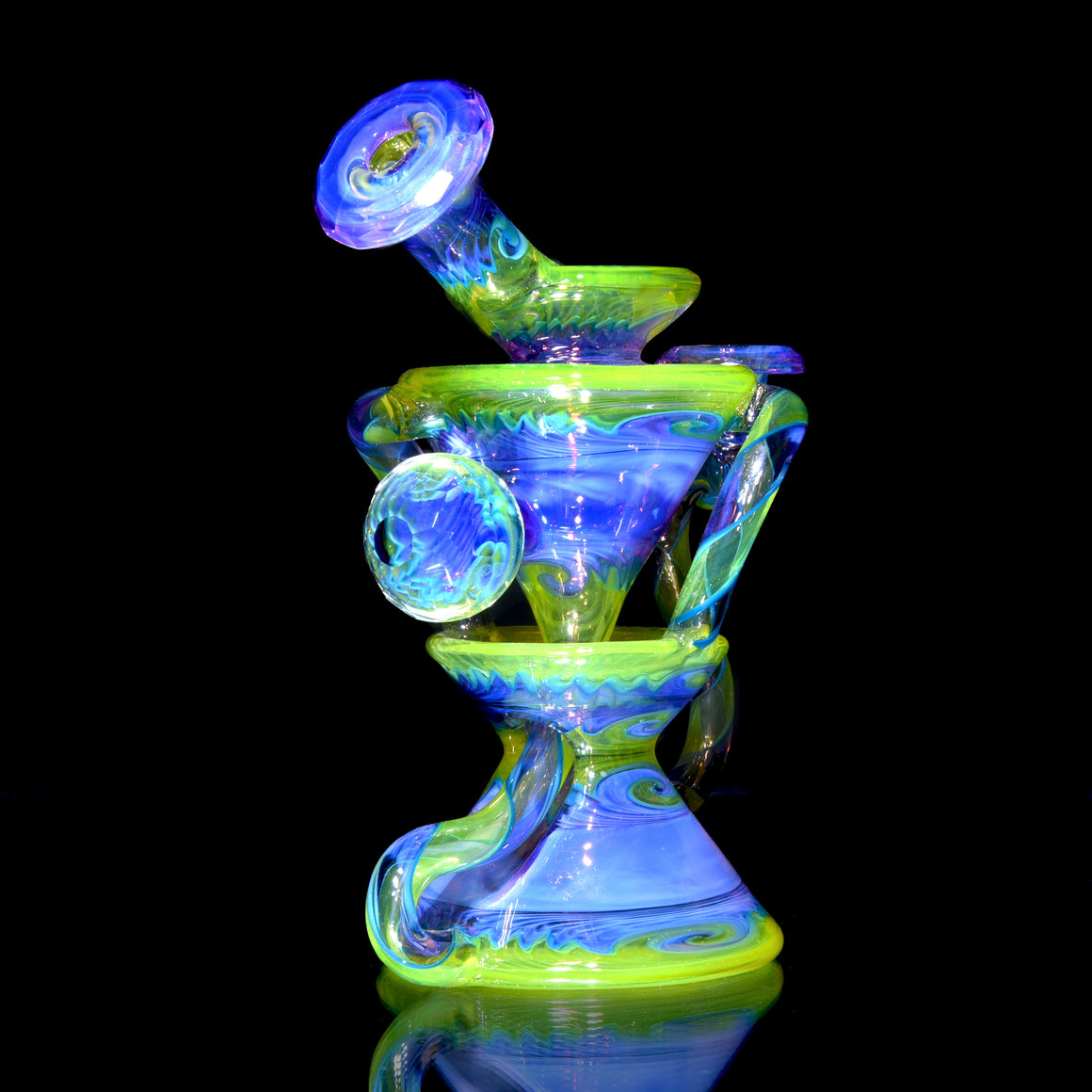 Fully-worked Faceted Two & Through Double-uptake Floating Recycler - Full Royal Jelly/Lemon Drop Linework - 10mm Female