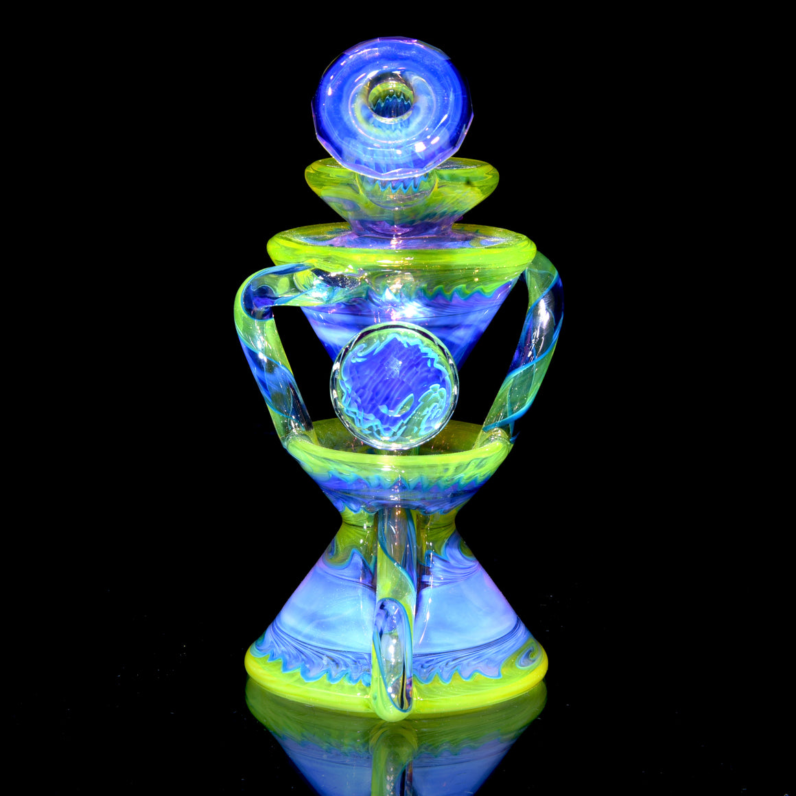 Fully-worked Faceted Two & Through Double-uptake Floating Recycler - Full Royal Jelly/Lemon Drop Linework - 10mm Female