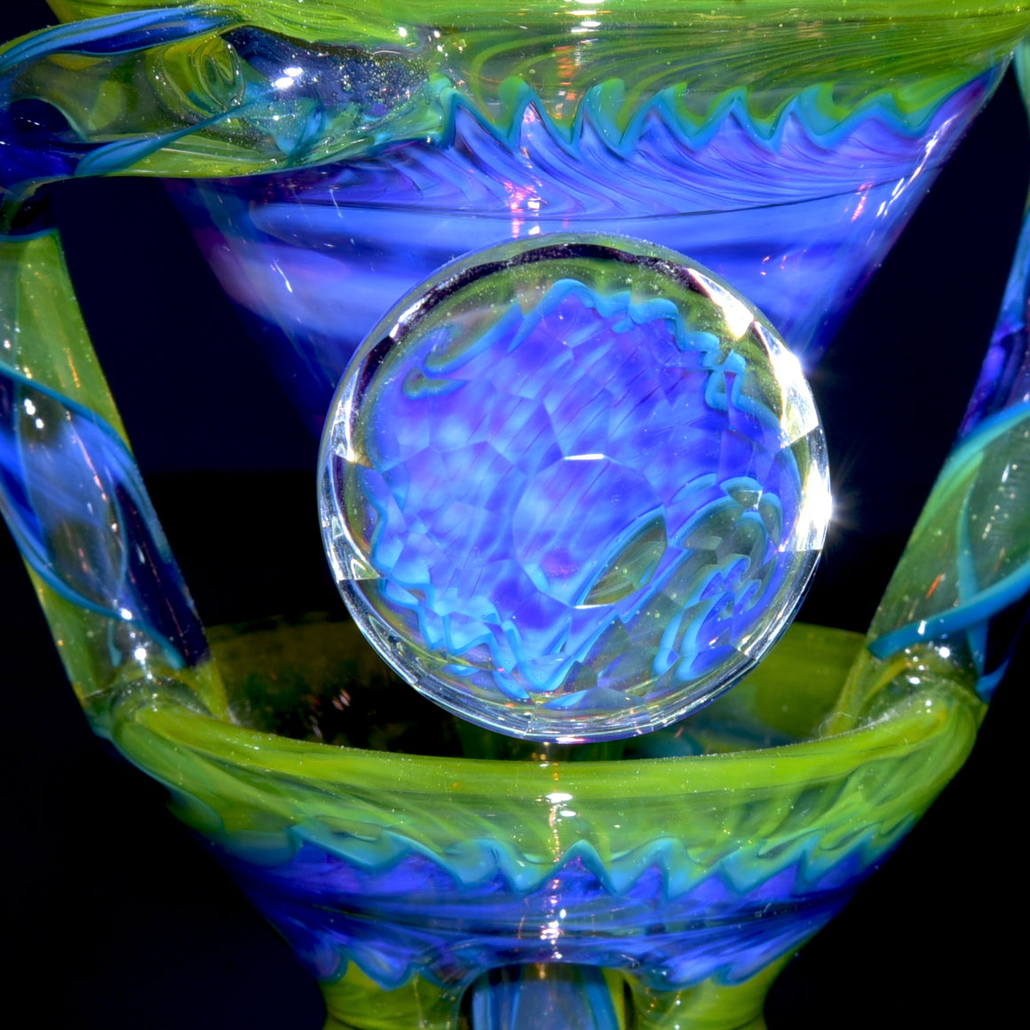 Fully-worked Faceted Two & Through Double-uptake Floating Recycler - Full Royal Jelly/Lemon Drop Linework - 10mm Female