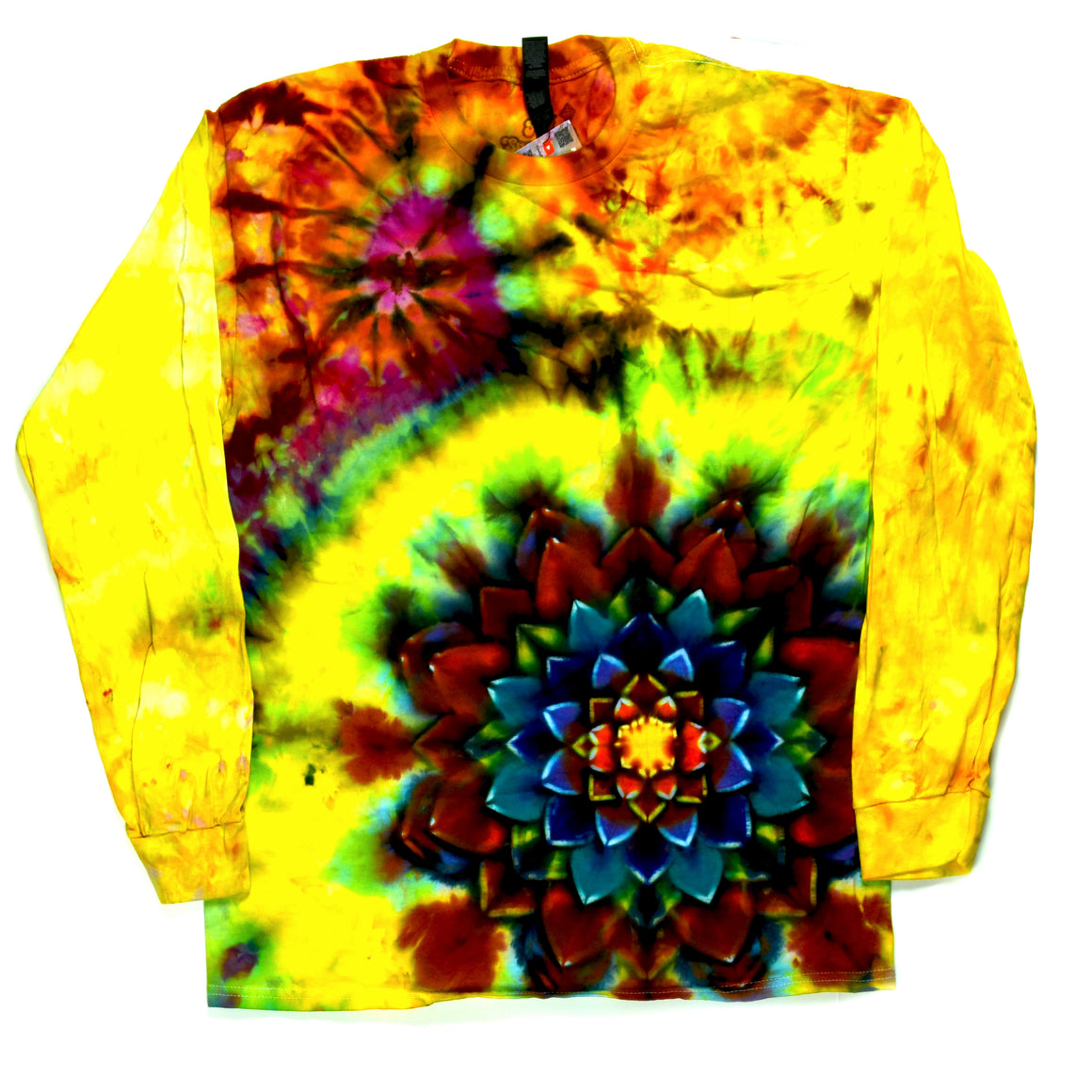 Large Tie Dye Long Sleeve Shirt - Yellow w/ Rainbow Mandala & Swirl