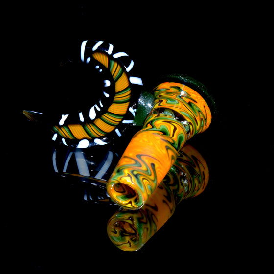 Fully-Worked OG Moss & Orange Reversal 4-hole Slide w/ Windowed Crescent Handle - 18mm Male