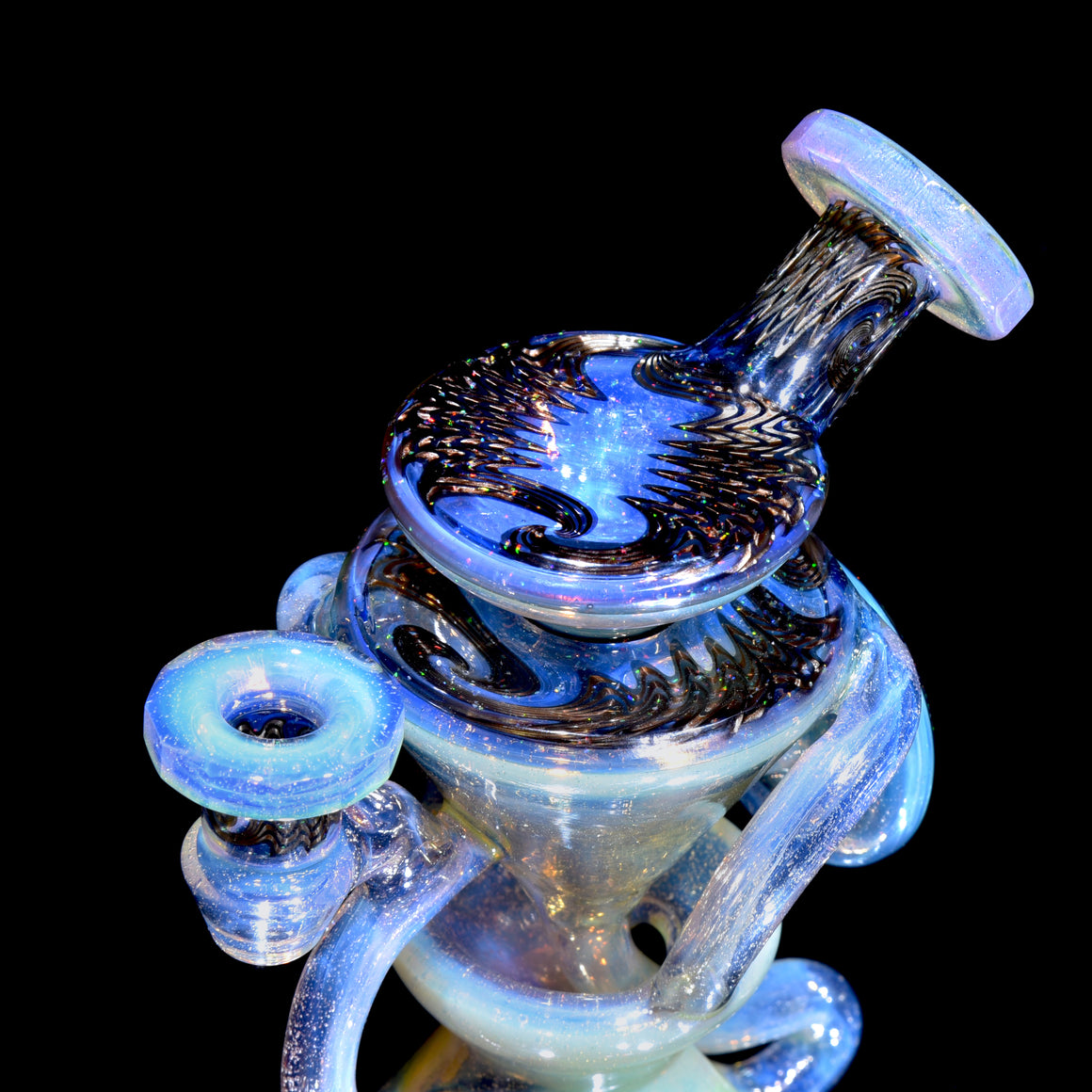 Faceted Two & Through Double-uptake Floating Recycler - Slyme over Pink Slyme/Crushed Opal Electrum Linework - 10mm Female
