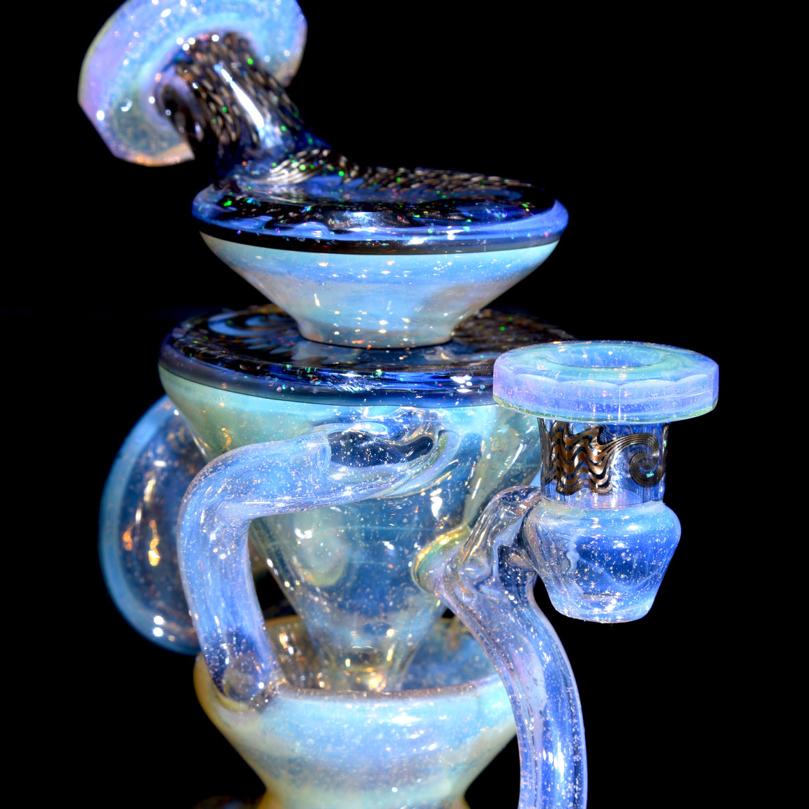 Faceted Two & Through Double-uptake Floating Recycler - Slyme over Pink Slyme/Crushed Opal Electrum Linework - 10mm Female