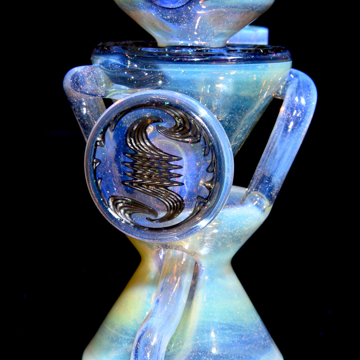 Faceted Two & Through Double-uptake Floating Recycler - Slyme over Pink Slyme/Crushed Opal Electrum Linework - 10mm Female