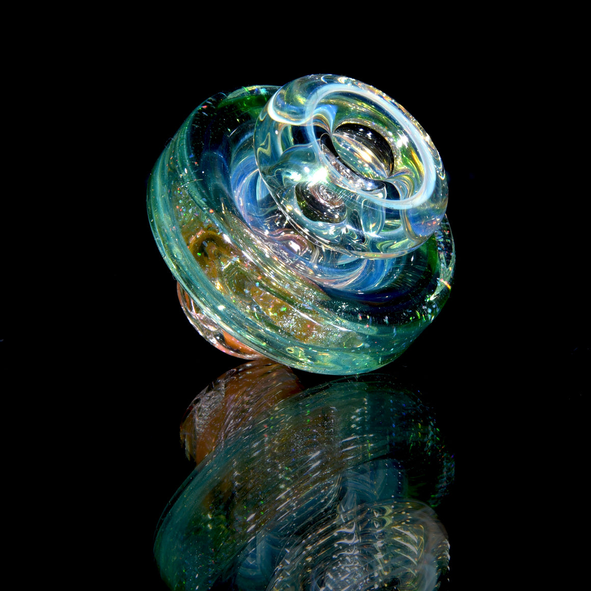 Gold & Silver-fumed Dual-hole Spinner Cap w/ Crushed Opal Green Stardust Accent